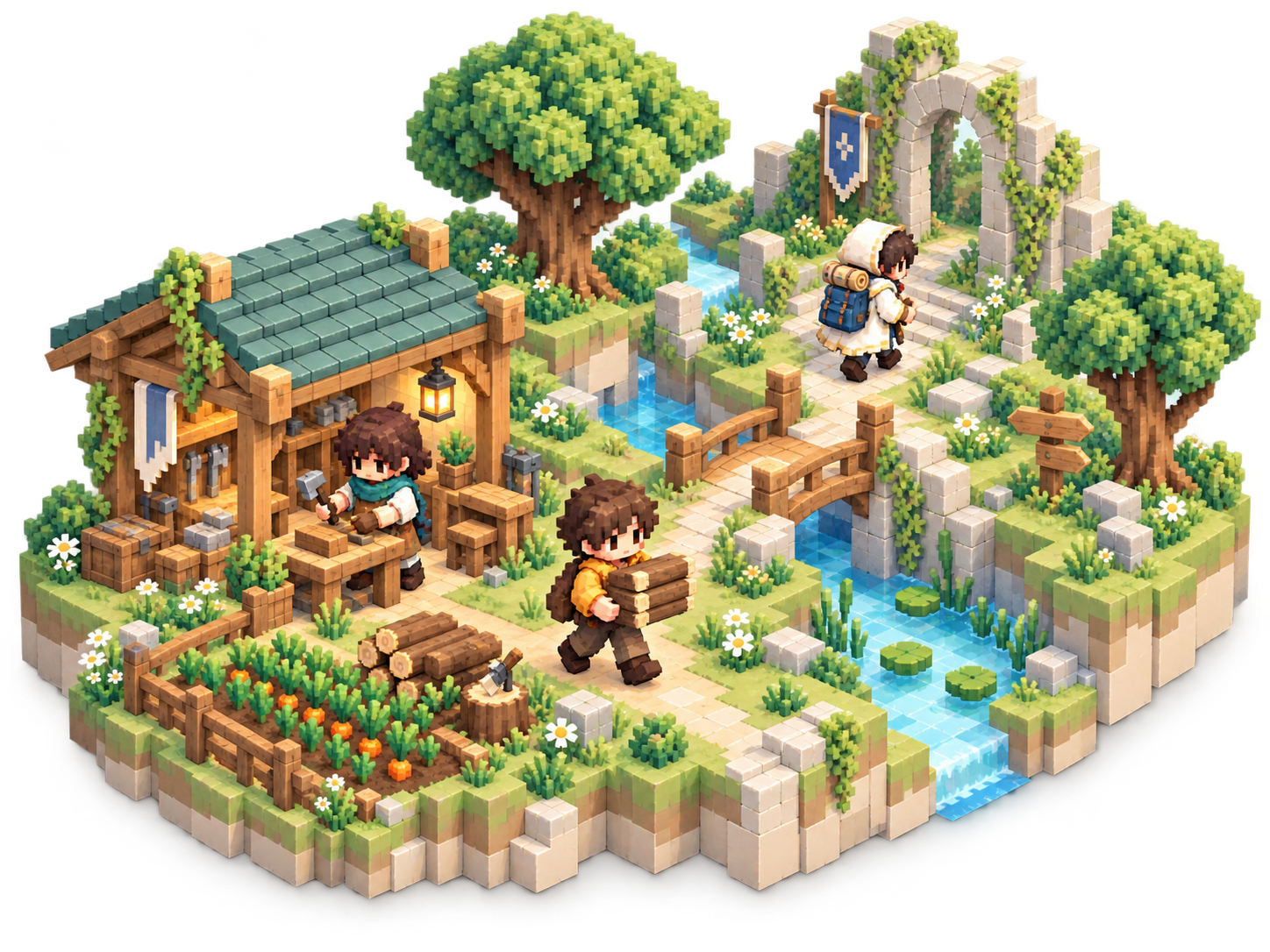 A conceptual voxel world with three adventurers gathering wood, crafting at a workshop, and exploring ruins across a stream.